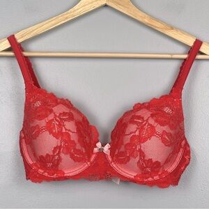 Victoria’s Secret coral lined Demi lace mesh overlay underwire bra, 32DD.